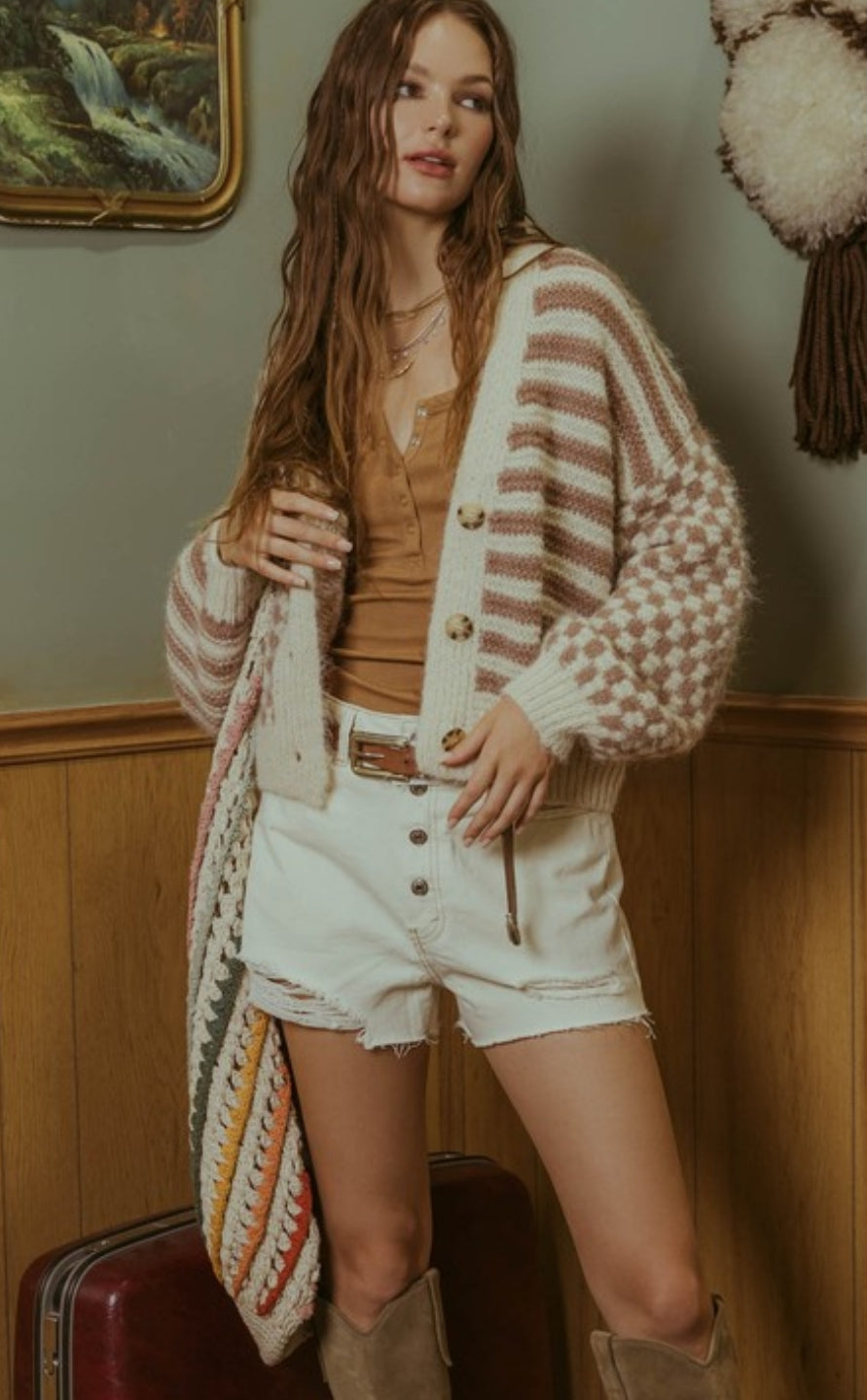 Checkered/striped cropped cardigan