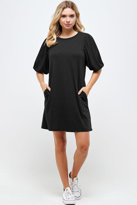 Puff sleeve t-shirt dress with pockets**Cream color**