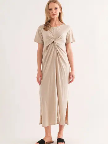 Cotton front twist short sleeve midi dress with slits