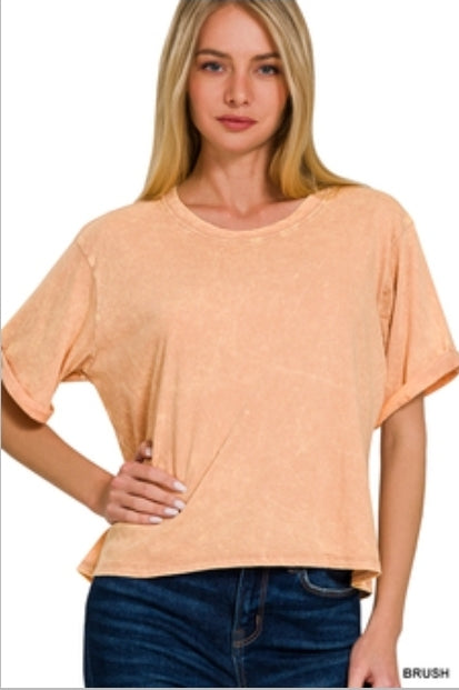Boxy crop acid wash distressed tee rolled sleeve