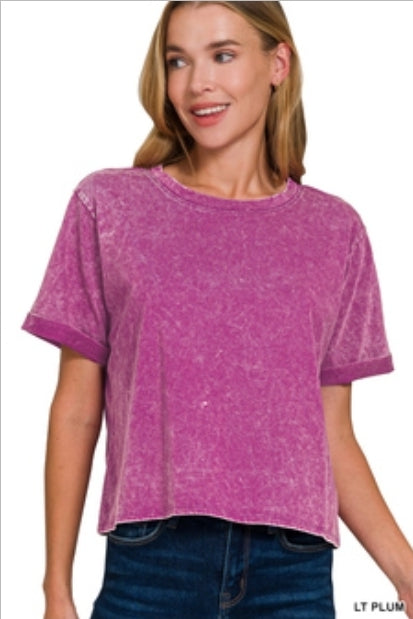 Boxy crop acid wash distressed tee rolled sleeve