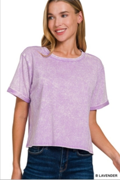 Boxy crop acid wash distressed tee rolled sleeve