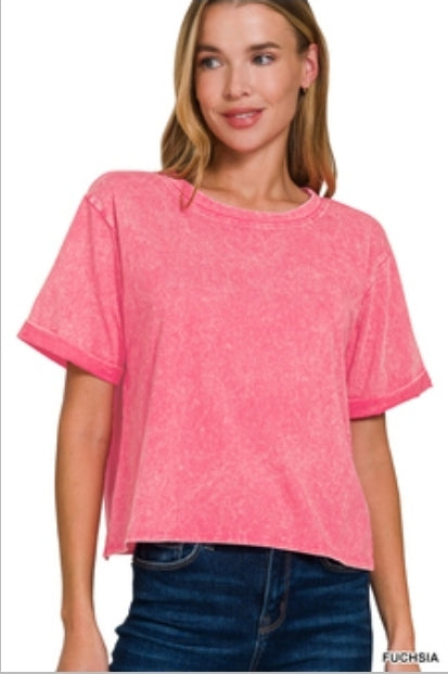 Boxy crop acid wash distressed tee rolled sleeve