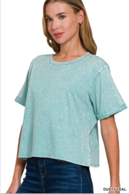 Boxy crop acid wash distressed tee rolled sleeve