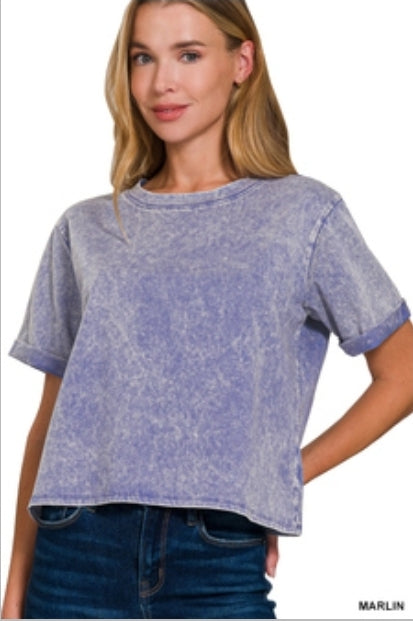 Boxy crop acid wash distressed tee rolled sleeve