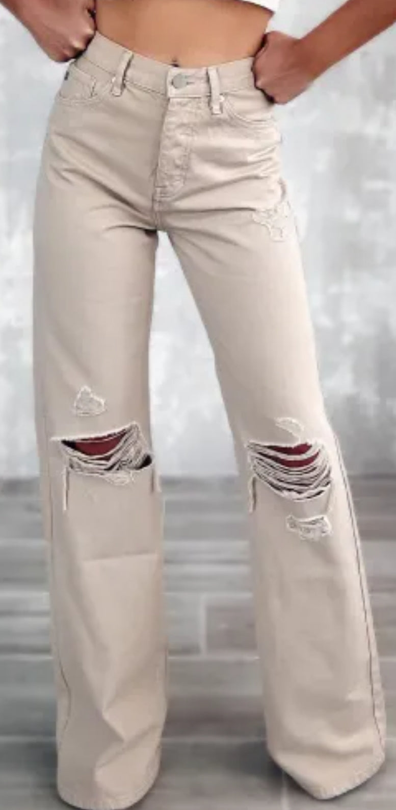 Distressed wide leg cream pants