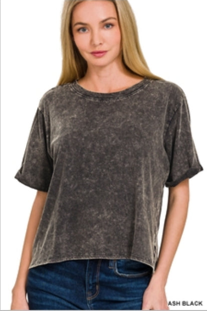 Boxy crop acid wash distressed tee rolled sleeve