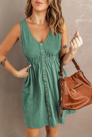 Button Sleeveless High Waist Mini Dress